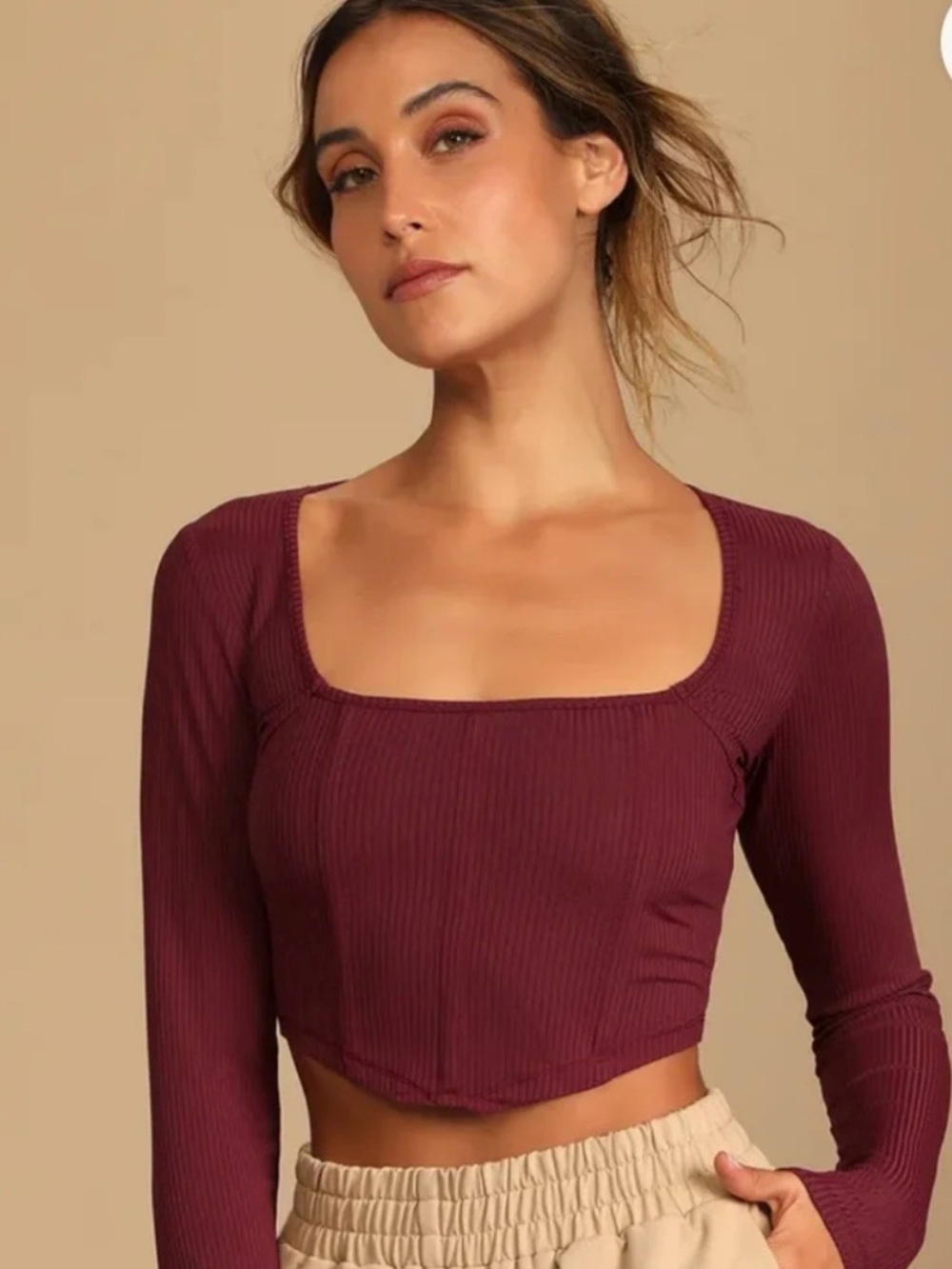 Lulu’s Long Sleeve Burgundy Bustier Crop Top Size S